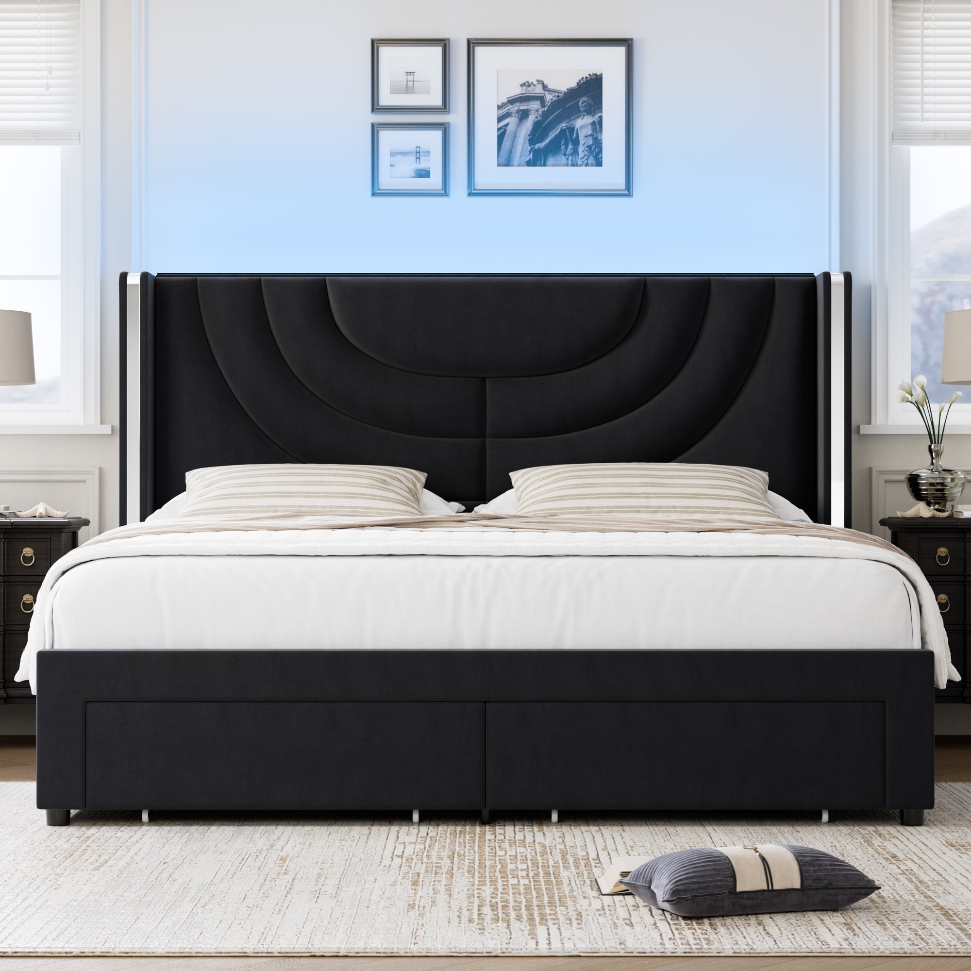 Homfa Queen Size LED Bed Frame with 2 Drawer Storage, Wingback Platform Bed with Velvet Upholstered Headboard, Black