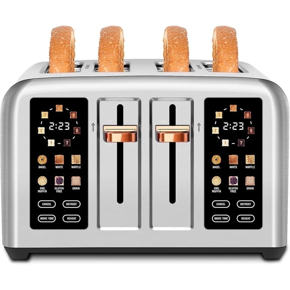 Toaster 4 Slice, Stainless , Touch Screen for Dual Control, Digital Timer, Toaster with 6 Bread Type, 7 Shade Setting, 1.5''Wide Slot, Removable Crumb Tray, 1800W, Metallic