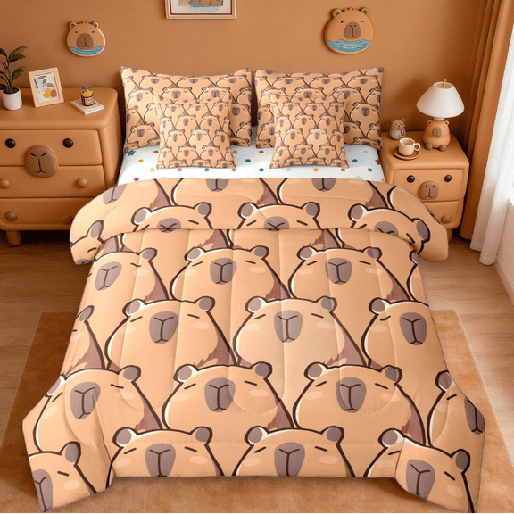 Manfei Kawaii Capybara Twin Bedding Sets 7-Piece,Capybara Lovers Bedding Comforter Set,Cartoon Animals Lovers Sheet Sets For Boys Girls,,Microfiber Bedroom Decor,Reversible
