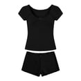 thumbnail image 5 of Women's Lace Trim Square Neck Knit Short Sleeve Top Shorts Set,Bow Detail Two-Piece Loungewear Pajama Set,Soft Lightweight Casual Sleepwear for Women Black L, 5 of 5
