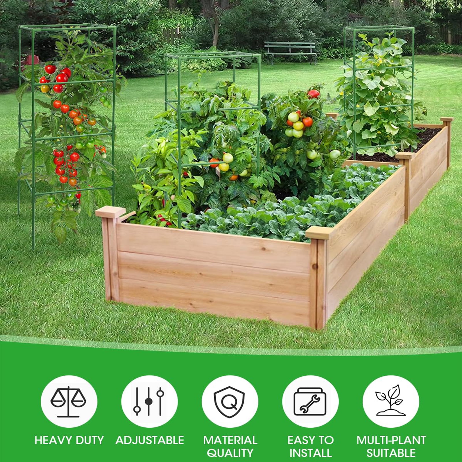 MQHUAYU 6 Pack Green Square Tomato Cages, 41.7" Heavy Duty Plant Support Cages with 20 Plant Clips, Plastic-Coated Steel Rust-Resistant Trellis for Garden Climbing Vegetables, Flowers and Fruits