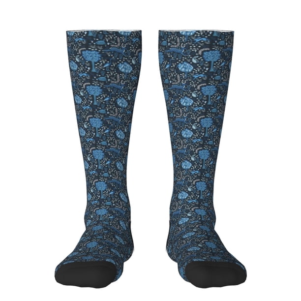 Fotbe Winter Blue Forest Deer Calcetas Divertidas Estampadas para Hombre y Mujer, Calcetas de Algodón hasta la Rodilla para Caminar, Correr, Enfermería y Embarazo