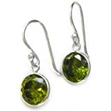 Olivine Austrian Crystal - Sterling Silver Round Crystal Bezel Drop Earrings, Olivine