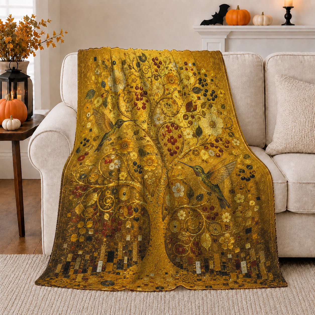YShenghong Ornate Golden Tree With Birds Berries And Flowers Printed Flannel Blanket