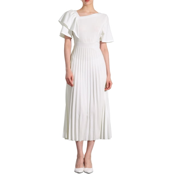 INSPIRE CHIC Ruffles Short Sleeve Dress Women's Asymmetrical Neck Pleated  Hem Midi Summer Dress XS White - Walmart Business Supplies