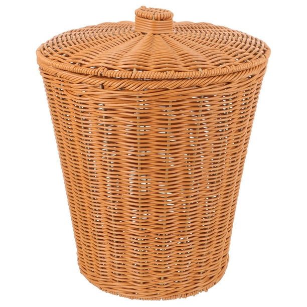 Cesta de almacenamiento de ratán sintético con tapa, cesta redonda para basura para dormitorio