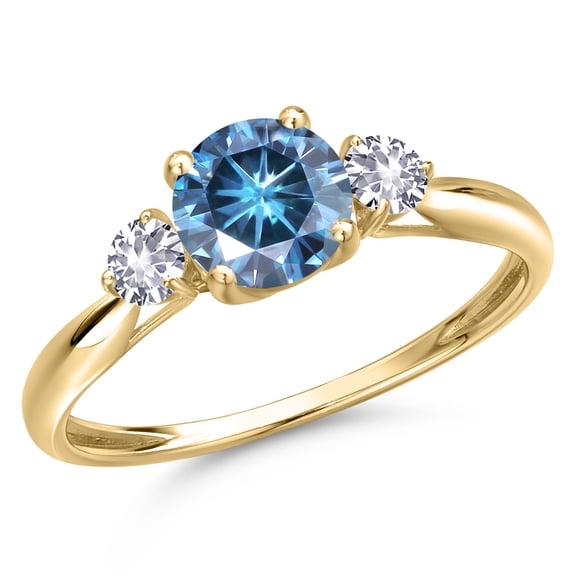 Gem Stone King 10K Yellow Gold Persian Blue Moissanite and White Created Sapphire 3-Stone Ring for Women | 1.06 Cttw | Round 6MM | Gemstone Birthstone | Size 8