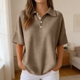 thumbnail image 2 of YaEYa Henley Tops for Women Waffle Knit Solid Color V Neck Short Sleeve Polo Shirts Basic Lapel Collared Summer Top (Khaki,XXL), 2 of 5