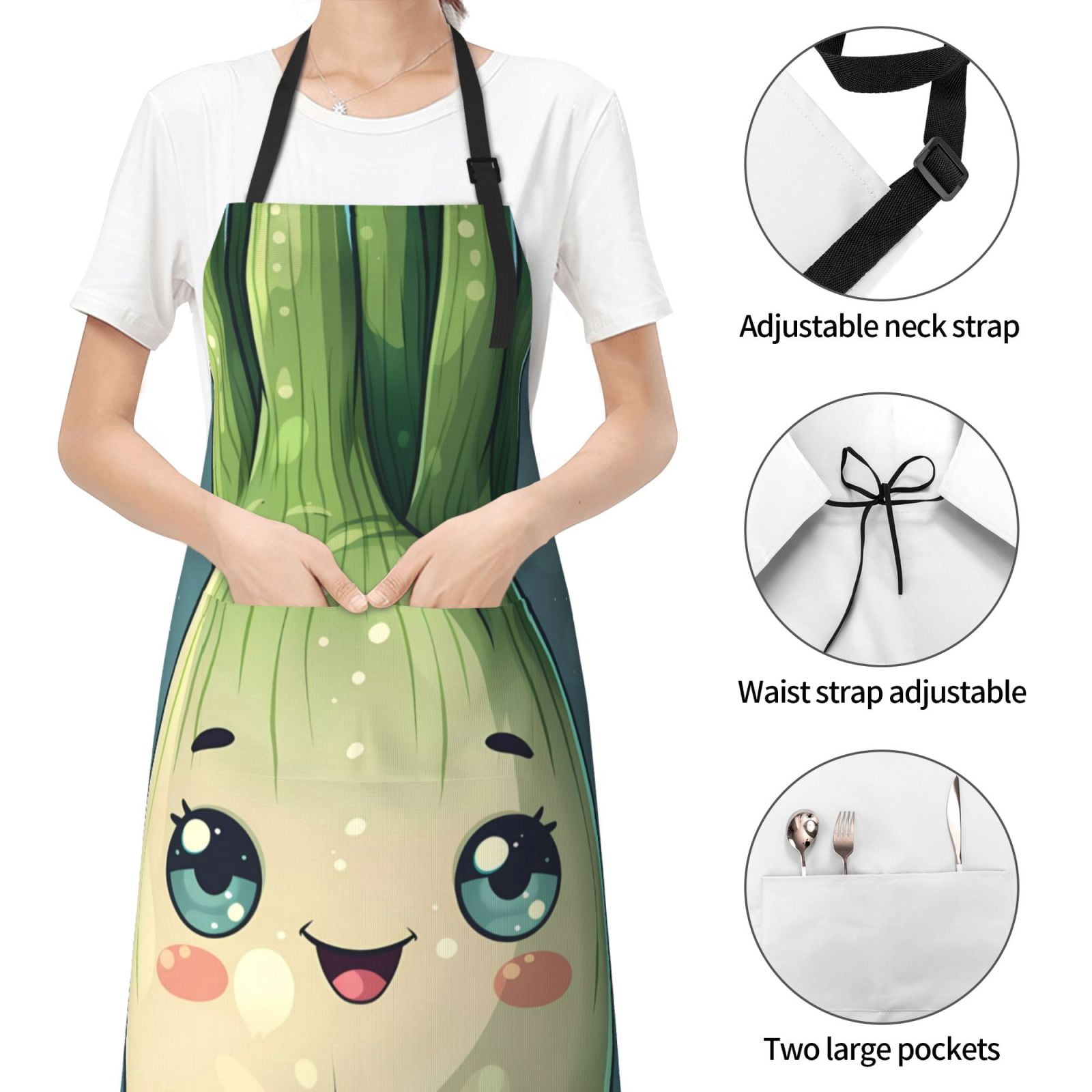 Xecao Adorable Kawaii Fennel Character Print Kitchen Cooking Aprons, Waterproof Adjustable Bib Aprons with 2 Pockets for Women Men Chef