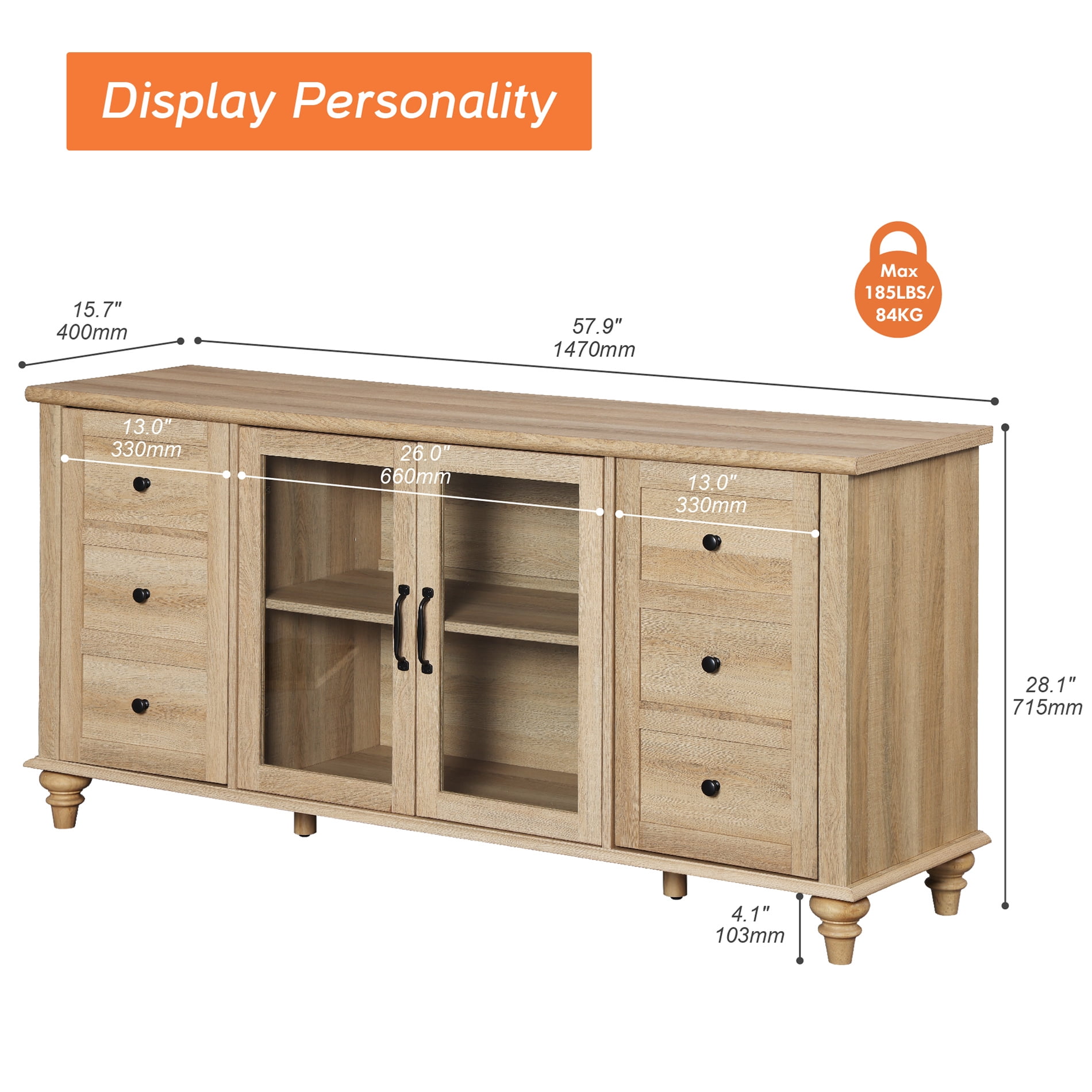 Oak Glass Door TV Stand for TVs up to 60", Farmhouse Television Stands for Living Room