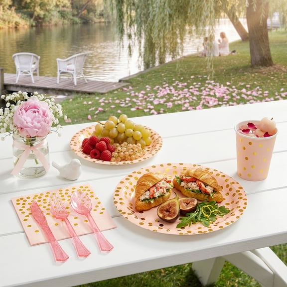 350 pcs Pink and Gold Plates and Cups and Napkins Cutlery Set