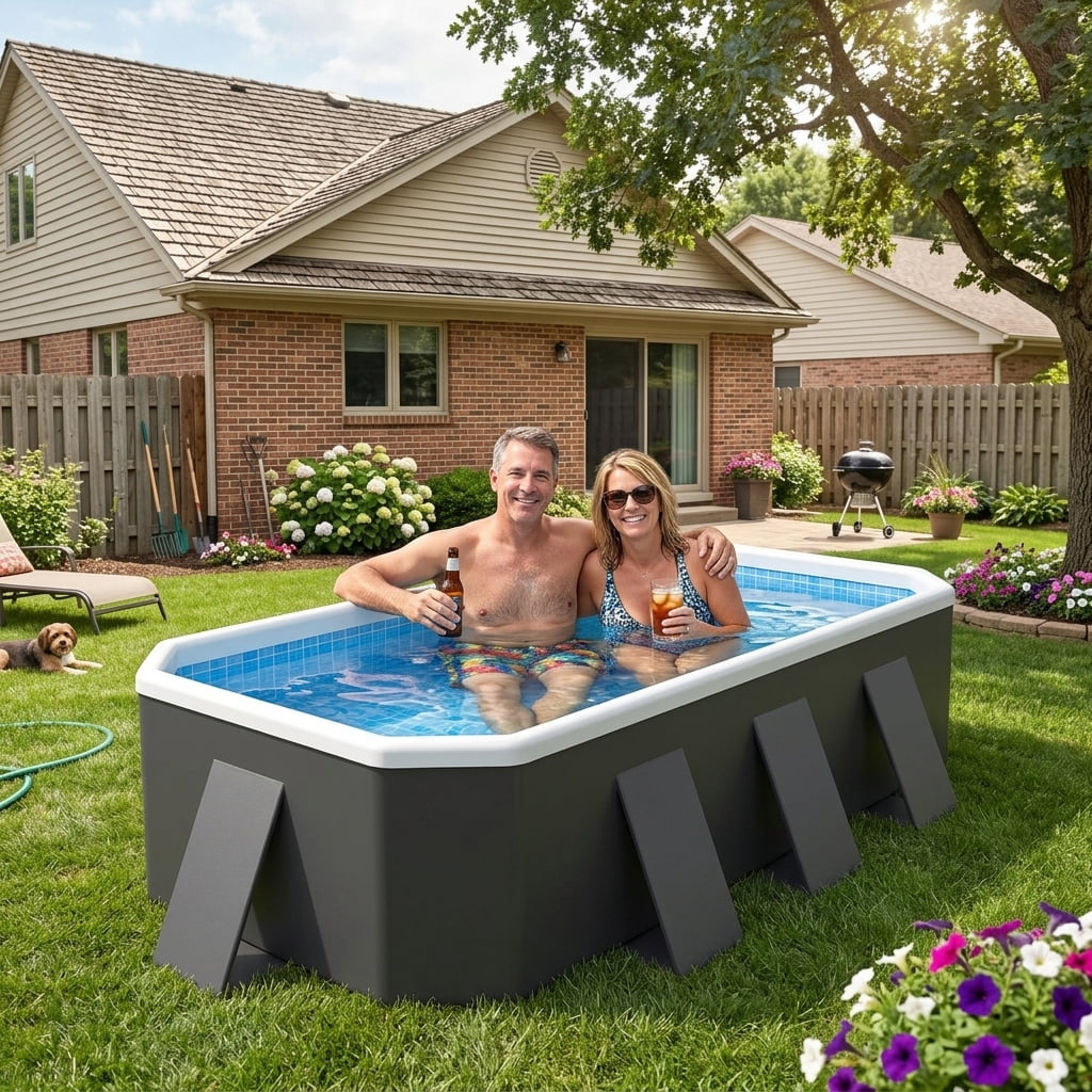 Hurber Foldable Swimming Pool, Large Non-Inflatable Adults Kids Outdoor Pools, Dark Gray, 113" x 66" x 20"