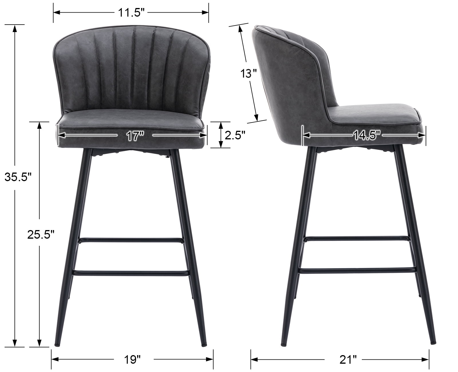 Guyou 26” Counter Height Bar Stools Set of 2, Modern PU Upholstered Kitchen Island Chairs, Barstools with Back and Footrest for Kitchen Island Pub Restaurant, Grey