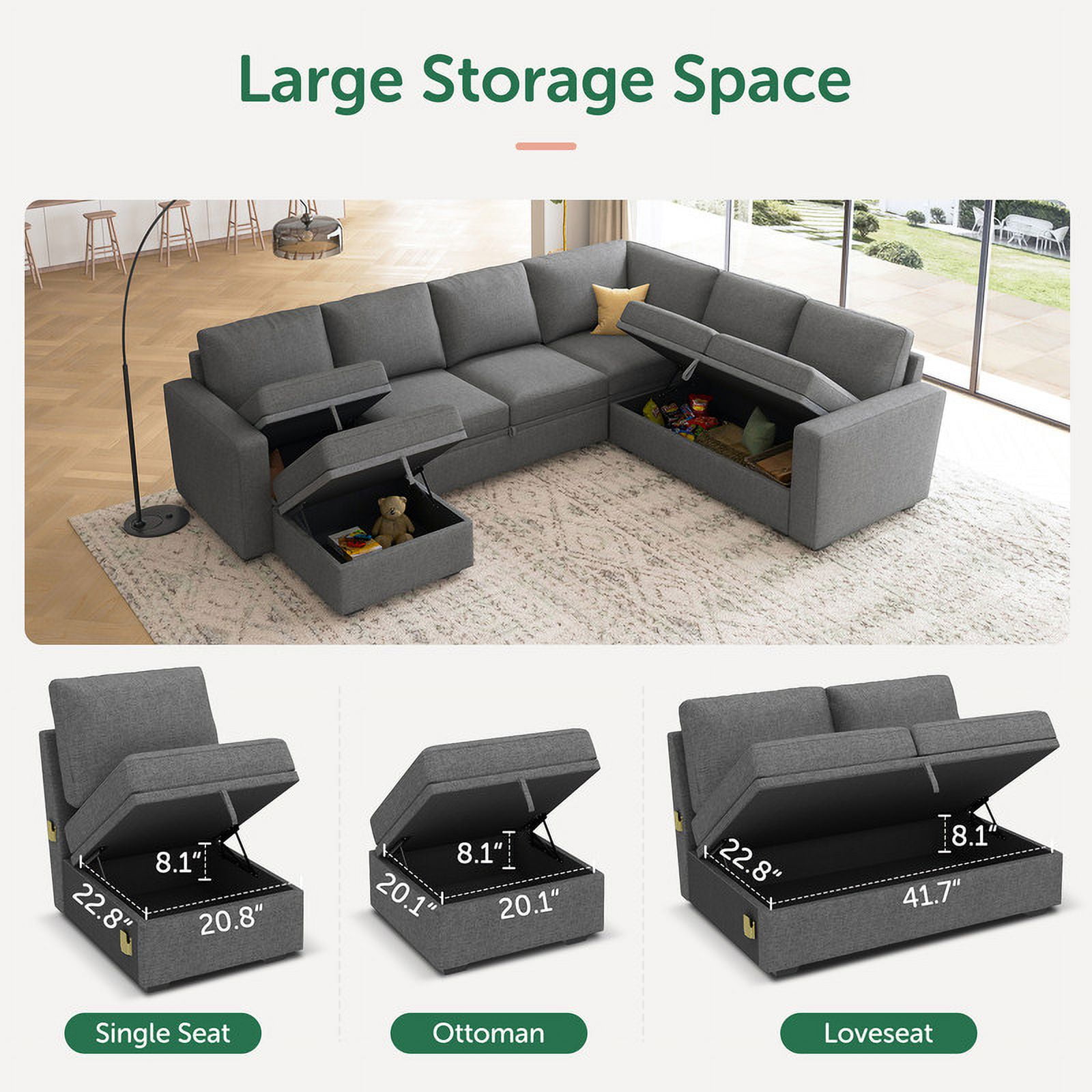 Marrber Sectional Linen Sleeper Sofa Bed with Storage and Pull-Out Couch for Living Room, Grey