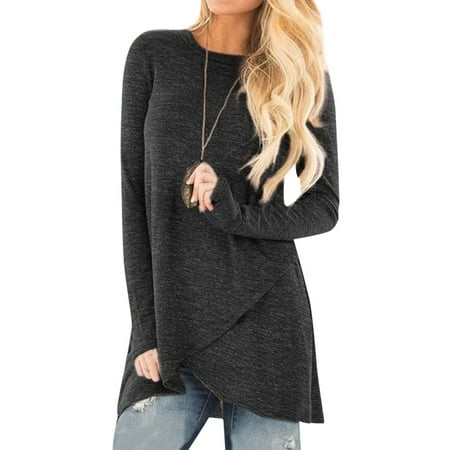 

OUNAR Women Solid Color Asymmetric Hem Long Sleeve Crew Neck Tops