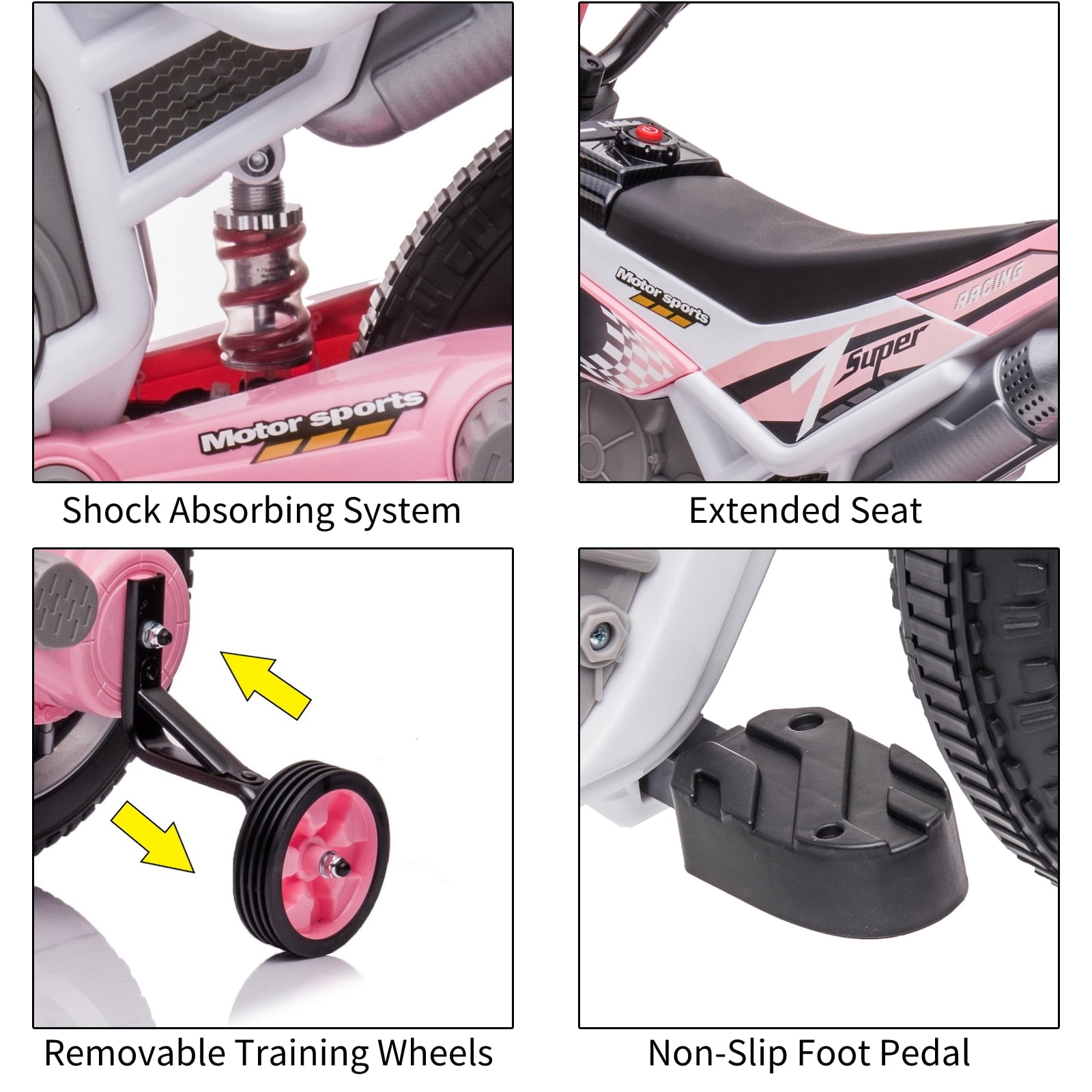 LUIBAS 12V Kids Ride On Electric Motorcycle, Battery Powered Electric Dirt Bike, Off-Road Street Bike Ride on Car with Training Wheels, Spring Suspension, High/Low Speeds, Built-in Music, Pink