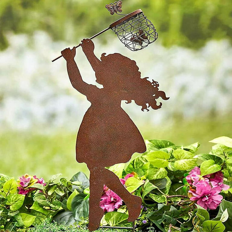 Craft Cast Iron Children Silhouette Catching Butterfly Garden Sculpture Girl