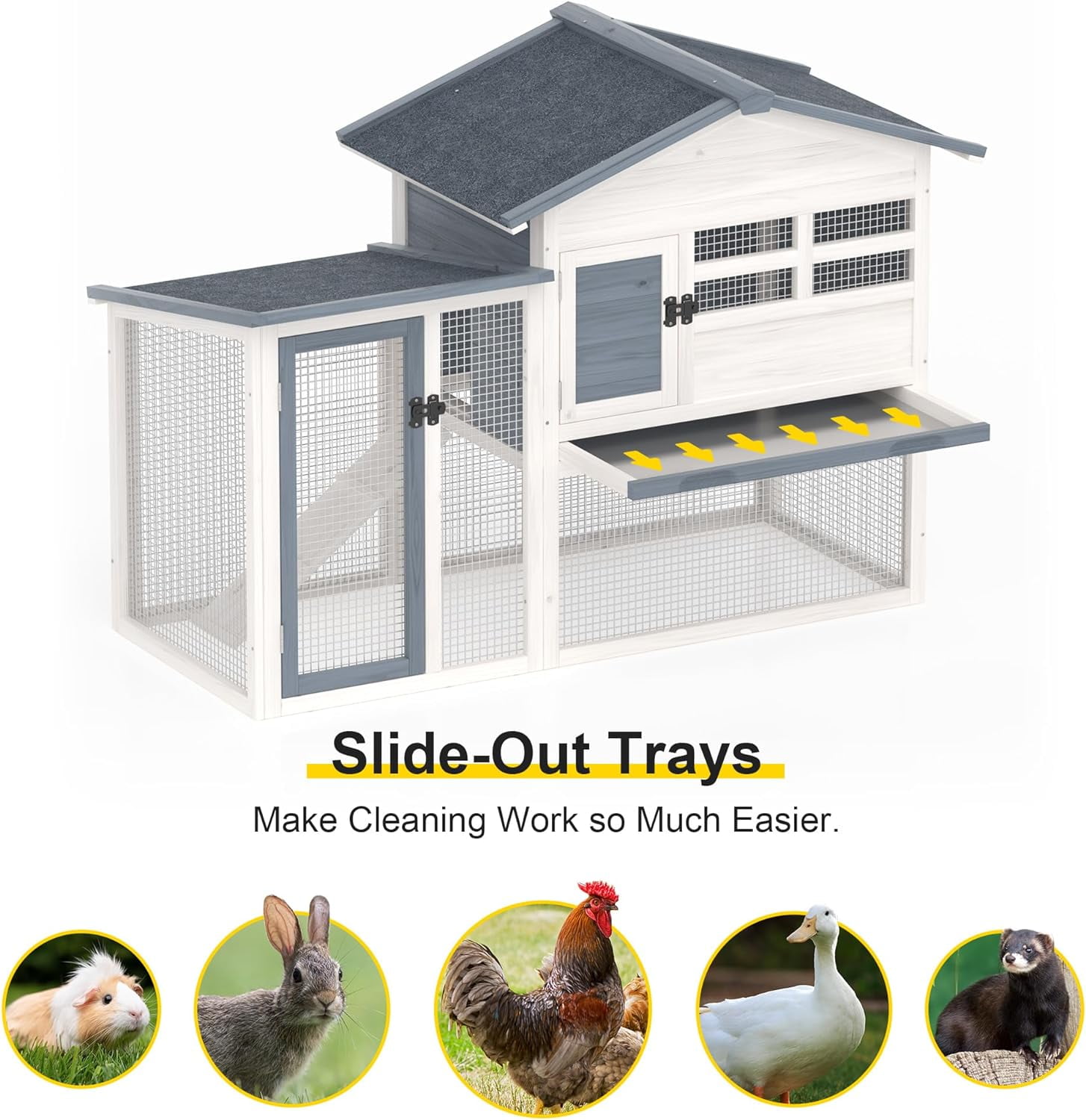 Rabbit Hutch Indoor Bunny Cage Outdoor Chicken Coop Bunny House Wooden Guinea Pig Cages with Waterproof Top, Pull Out Tray & Ramp