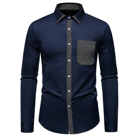 Wrtxtat Men's Dress Shirt Slim Fit Lightweight Breathable Long Sleeve Tops with Pockets Full Button Lapel Formal Business Shirts Navy L