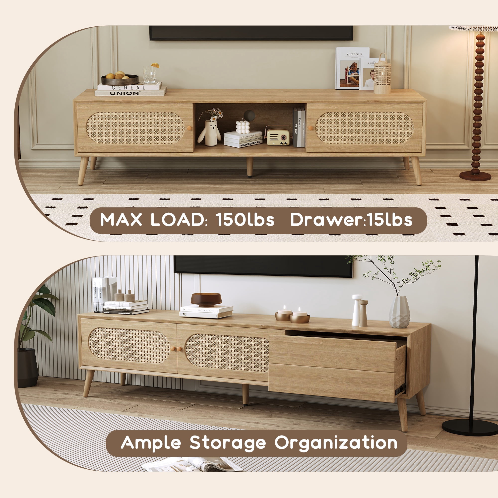 Paproos TV Stand for TVS up to 80", Modern Farmhouse Entertainment Center with Drawers, Storage Shelves, TV Console with Solid Wood Legs, TV Media Cabinet for Living Room, Bedroom, Natural