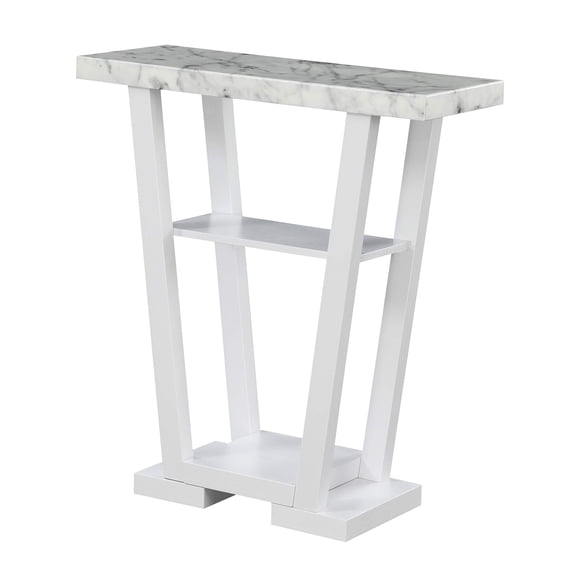 Pemberly Row Modern V Console Table in White Wood and Faux Marble Top