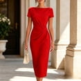 thumbnail image 2 of AHTJRT Women's Summer Dresses Boat Neck Short Sleeve Sheath Business Bodycon Midi Dress Elegant Wrap Office Cocktail Ball Gowns Wine M, 2 of 8