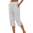 thumbnail image 2 of RoamHome Women's Vertical Striped Capri Pants Elastic Waist Drawstring Side Slit Button with Pockets, 2 of 5