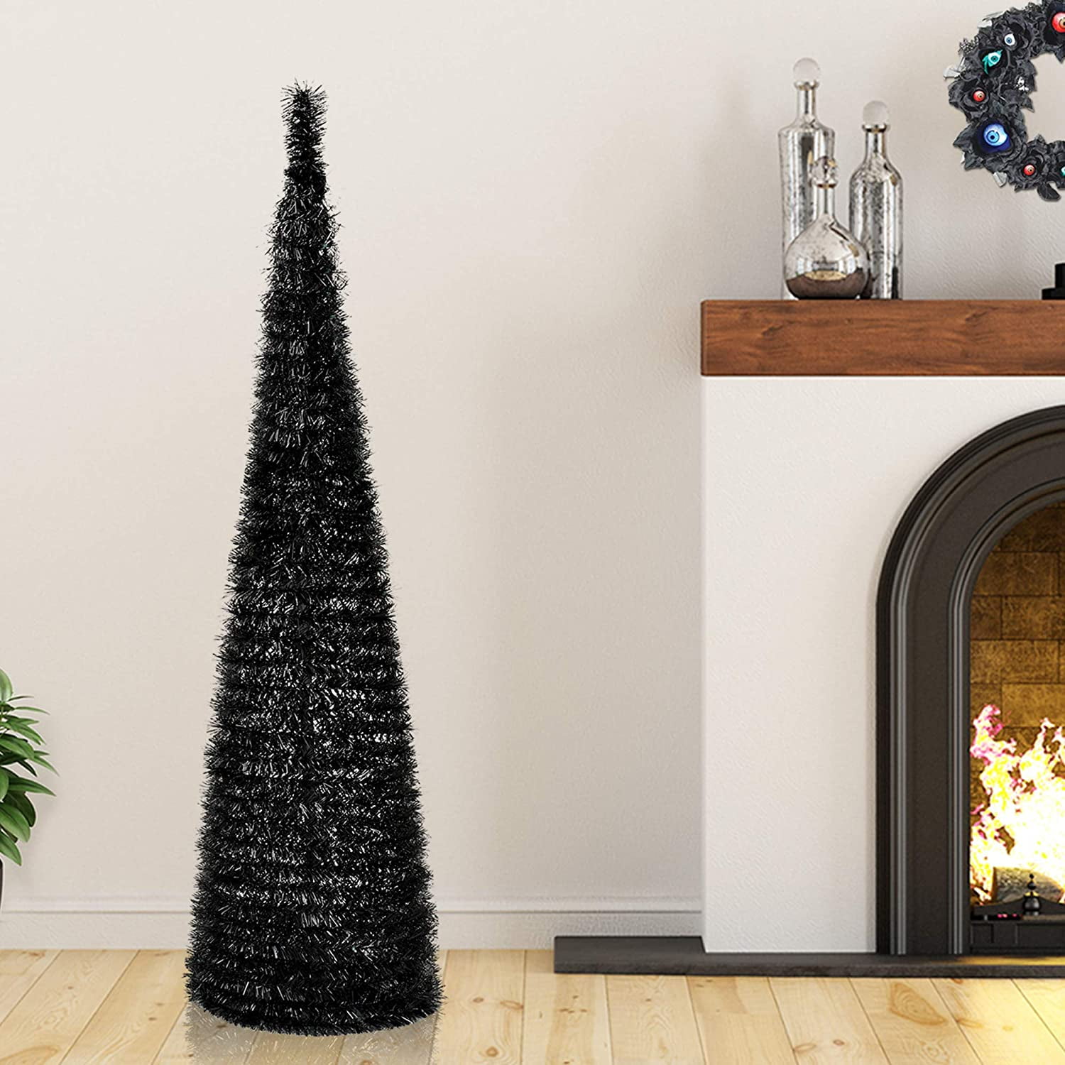 YuQi 5 Black and Orange Tinsel Pop-Up Artificial Christmas Tree,Collapsible Pencil Christmas Trees Features Sequins Accents for Apartments,Dorm Rooms,Fireplace or Party