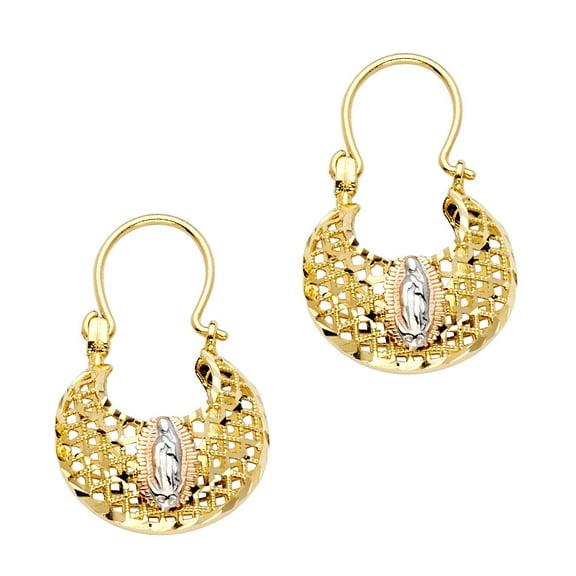 Lady Guadalupe Basket Earrings Solid 14k Yellow White Rose Gold Diamond Cut Hook Tri Color 21 x 16 mm