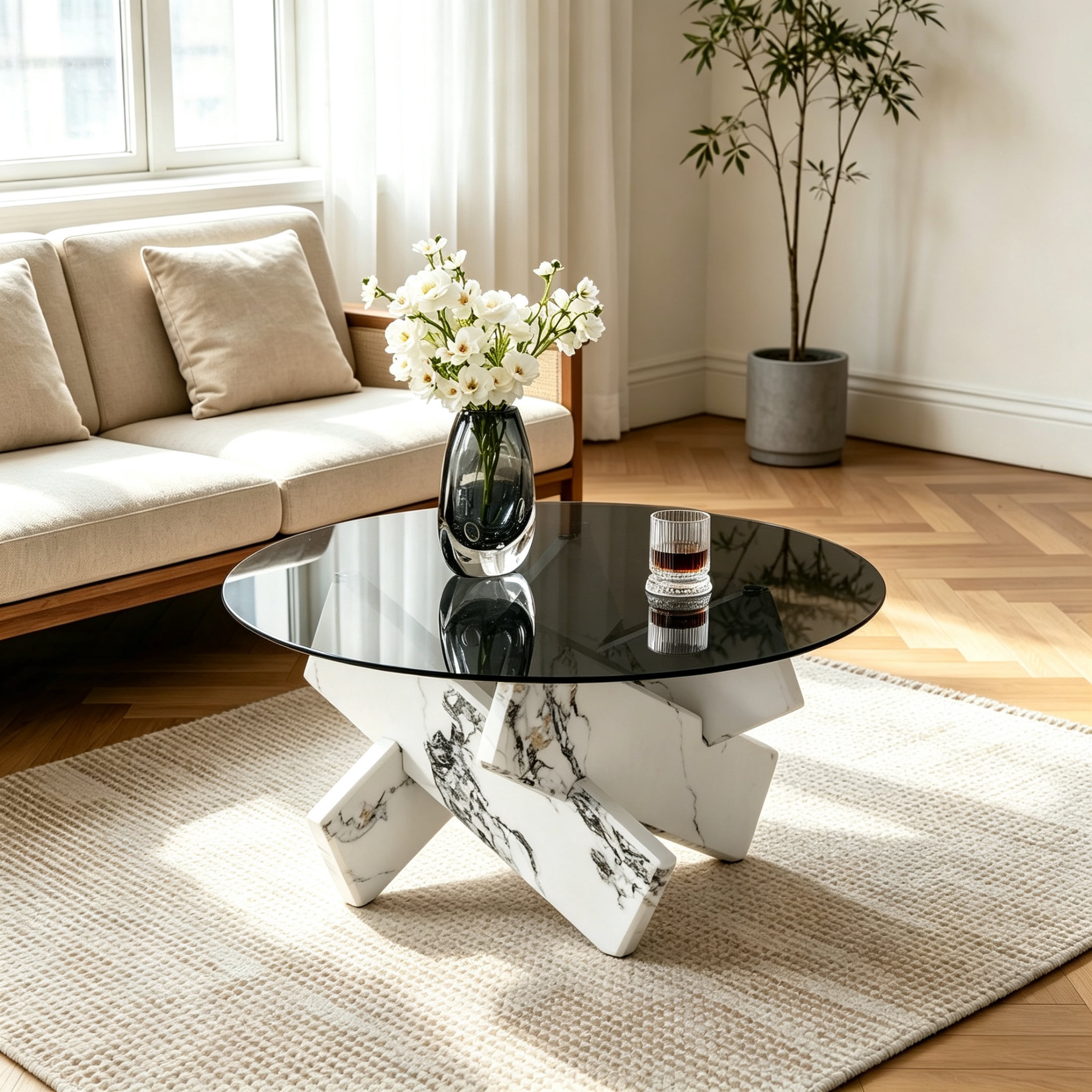Vinform Round Coffee Table for Living Room, Gray Glass, White