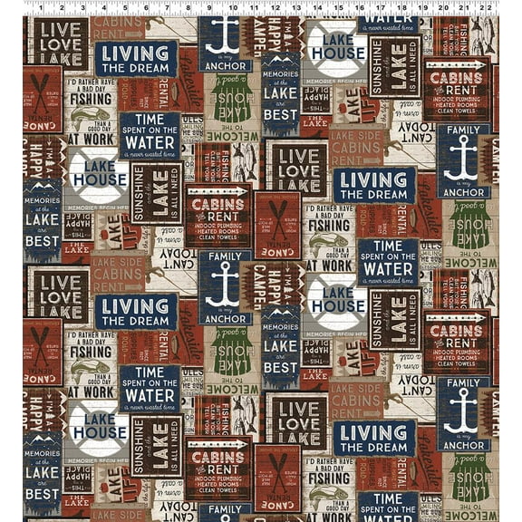 Cotton On Lake Time Lake House Signs Lake Life Fishing Multicolor Cotton Fabric Print by the Yard (Y3713-55)