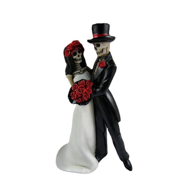 Día de los muertos boda baile esqueleto novia y novio sosteniendo rosas rojas ramo estatuilla pastel Topper alto amor nunca muere novia