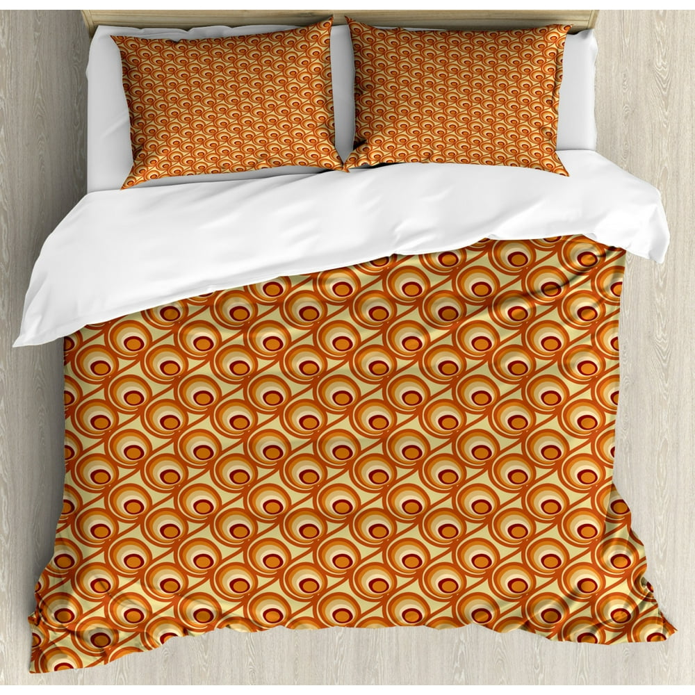 Burnt Orange Queen Size Duvet Cover Set, Retro Design Inspirations with