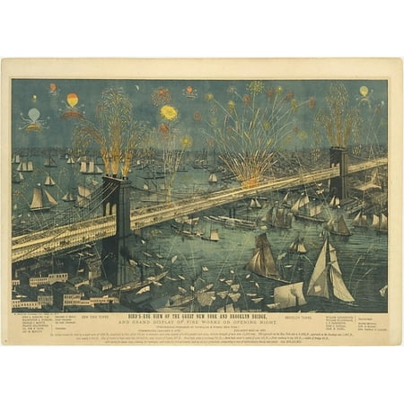 Birds-Eye View of the Great New York and Brooklyn Bridge and Grand Display of Fireworks on Opening NightMay 24 1883 Rolled Canvas Art -  (8 x