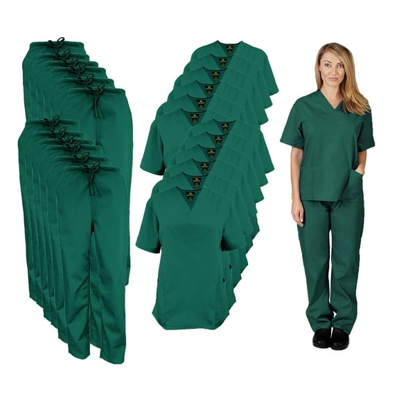 M&M SCRUBS Women Scrub Set V-Neck Medical Scrub Tops and Drawstring Pants - Pack of 12 Set (True Hunter Green, 5X-Large)