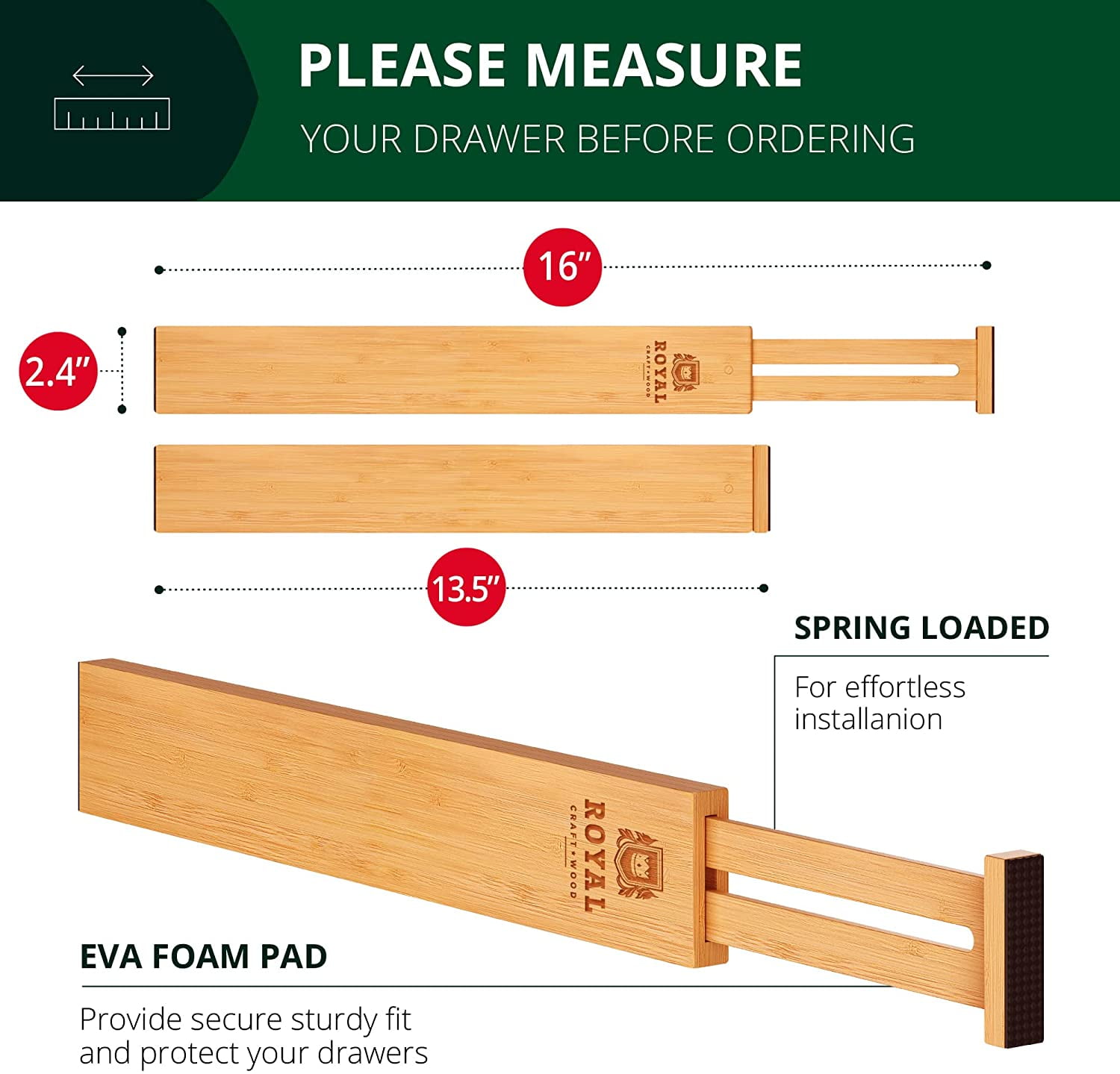 Bamboo Drawer Dividers 13.5"-16" - Perfect Adjustable Drawer Dividers for Clothes, Kitchen, Dresser, Bedroom & Drawer Dividers Organizer, Natural (Set of 4)