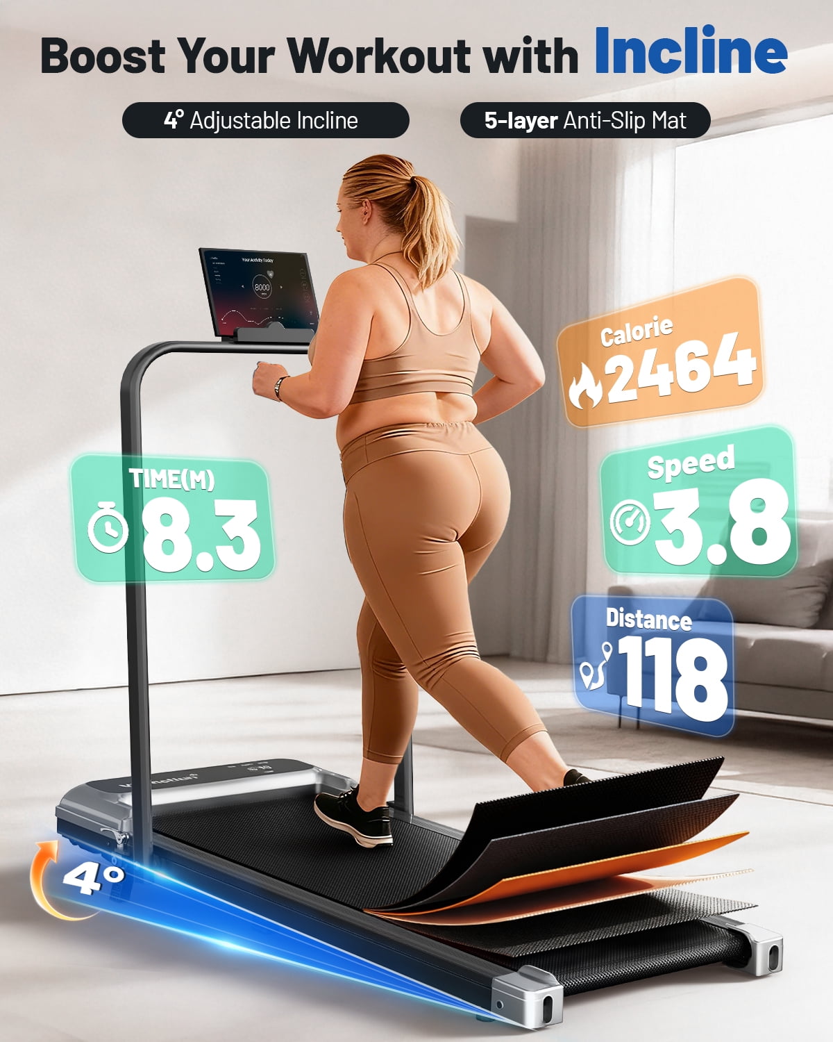 Walking Pad Treadmill with Handle Bar & Adjustable Incline, Foldable Portable Treadmills for Home Office, Quiet Under Desk Treadmill with 0.6-3.8 MPH Speed, 265 LBS Capacity