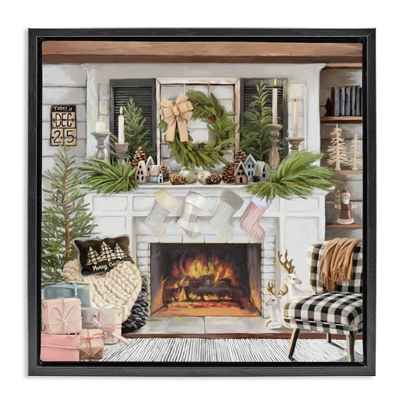 Stupell Industries Cozy Fireplace Holiday Black Framed Floater Canvas Wall Art, design by Nicky Boehme, 18 x 18
