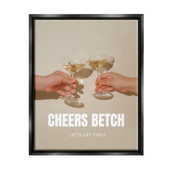 Stupell Industries Cheers Betch Wine Glasses Food & Beverage Painting Black Floater Framed Canvas Art Print Wall Art, 17 x 21