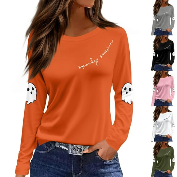 Inglocry Women Halloween Shirt Halloween Tshirt Spooky Season Graphic Tees Fall Long Sleeve Tops Black L