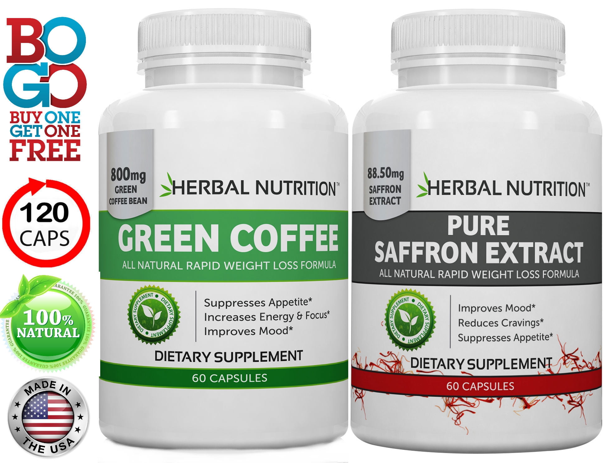 Diet Stack – Saffron Extract and Green Coffee Bean Extract One 60 Count Bottle of Each!