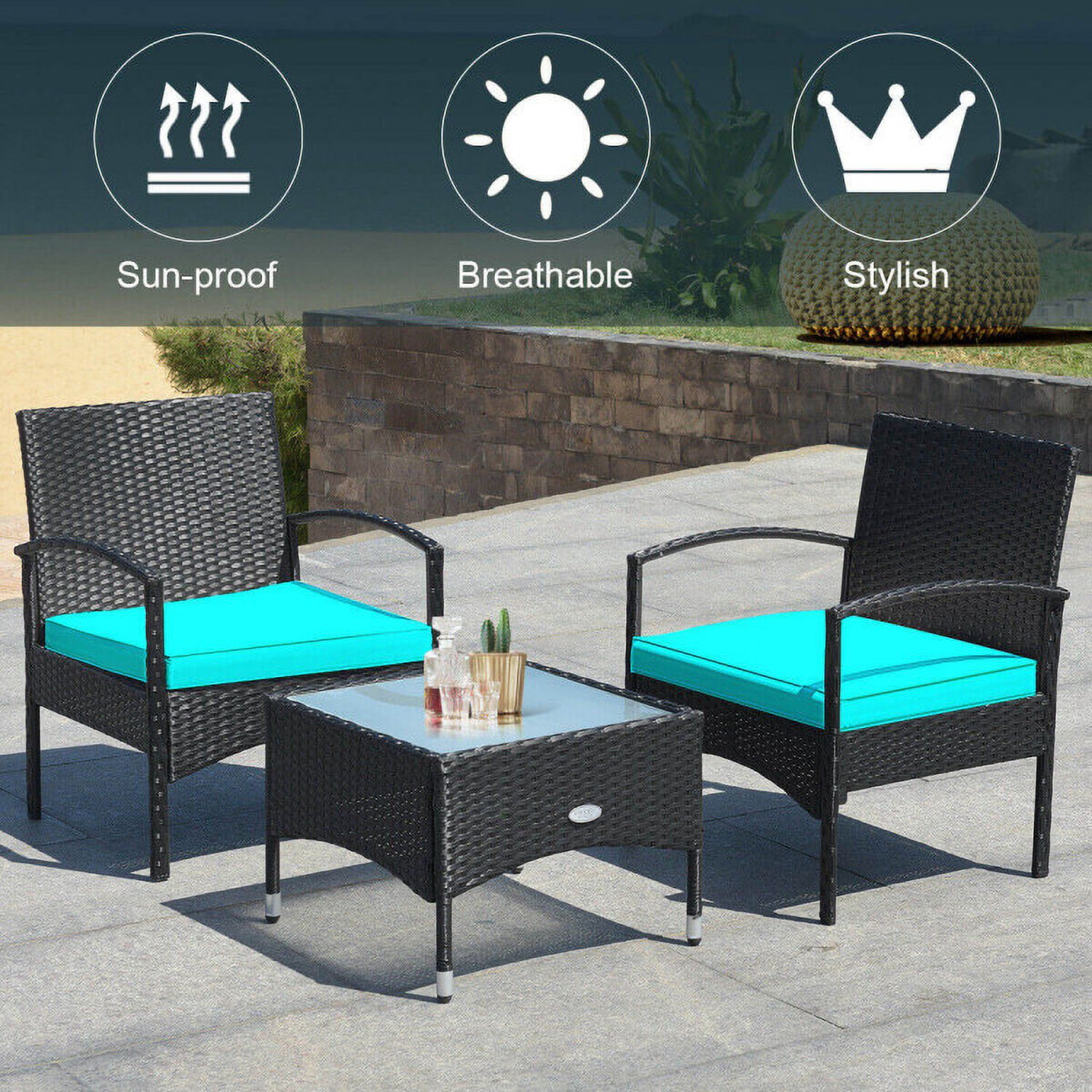 Aimee Lii 3 Pieces Patio Wicker Rattan Furniture Set with Cushion for Lawn Backyard, Rattaner Outdoor Patio Furniture, Turquoise Aimee Lii 3 Pieces Patio Wicker Rattan Furniture Set with Cushion for Lawn Backyard, Rattaner Outdoor Patio Furniture, Turquoise