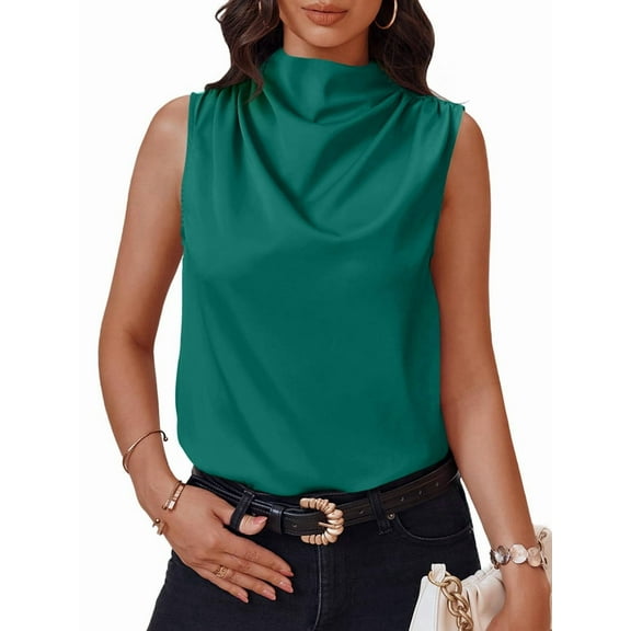Womens Mock Neck Satin Tank Tops Business Casual Work Ruched Blouses Summer Corporate Outfits Green M