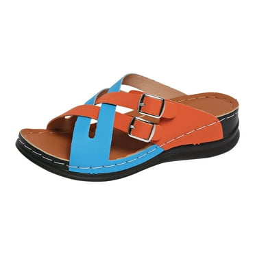 Women Soft Cork Footbed PU Leather Hook and Loop Flip Flops (Premium PU)