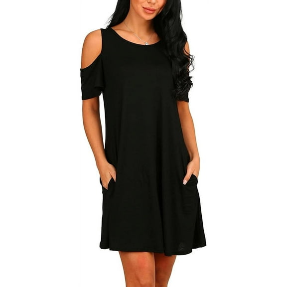 ANYJOIN Women's Cold Shoulder Short Sleeve Swing Mini Dress Party Dress with Pocket
