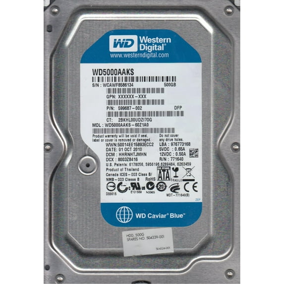 WD5000AAKS-60Z1A0, DCM HHRNHTJMHN, Western Digital 500GB SATA 3.5 Hard Drive
