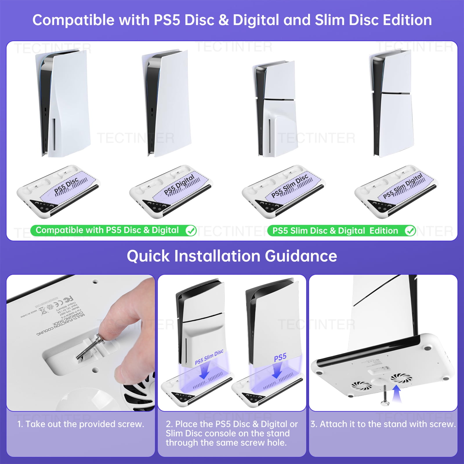 Cooling Station Stand Compatible with PS5/PS5 Slim Console Disc/Digital with Cooling Station and Controller Charging Station Dust Cover