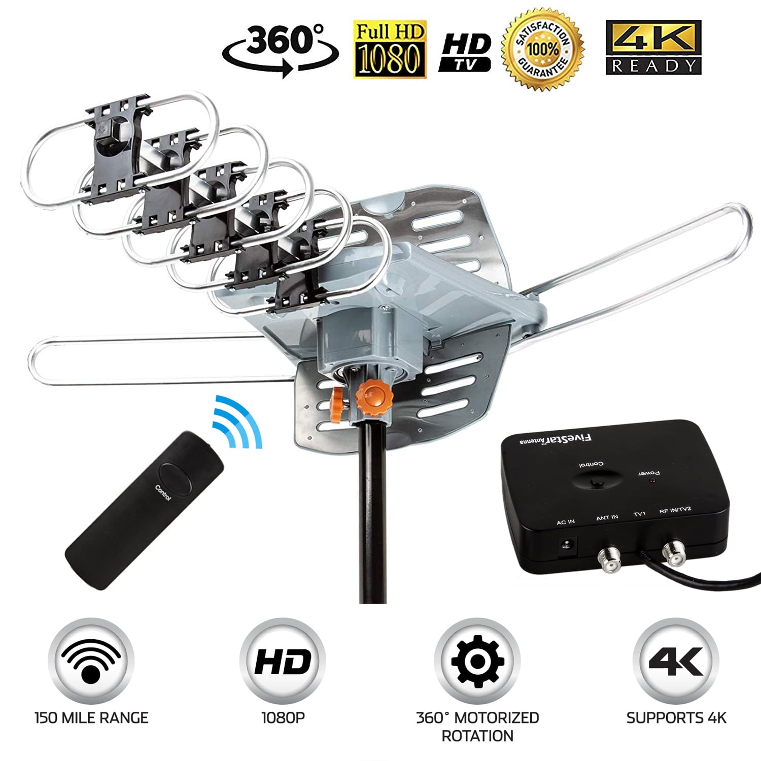 UHF/VHF/FM Radio Infrared Remote Control with Mounting Pole & 40FT RG6 Coax Cable Support 2 TVs Five Star Outdoor HD TV Antenna Strongest Up to 150 Miles Long Range with Motorized 360 Degree Rotation