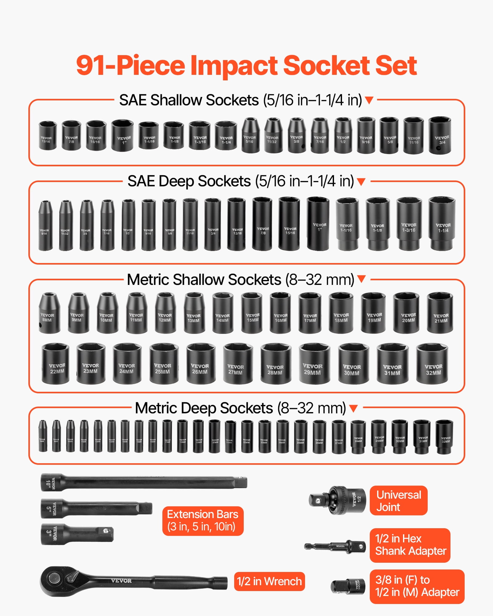 VEVOR 1/2 in Drive Impact Socket Set, 91 Piece, 6 Point Deep & Shallow Impact Sockets, SAE (5/16 to 1-1/4 in) and Metric (8 to 32 mm) Sizes with Extension Bars (3, 5, 10 in), Cr-V Steel,Carrying Case