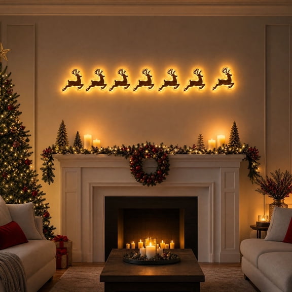 3D Light-Up Wooden Reindeer Christmas Wall Decor Lights,Warm White Lighted Reindeer Decorations, Peel & Stick Christmas Wall Accents for Living Room, Fireplace Mantel, Entryway(A)
